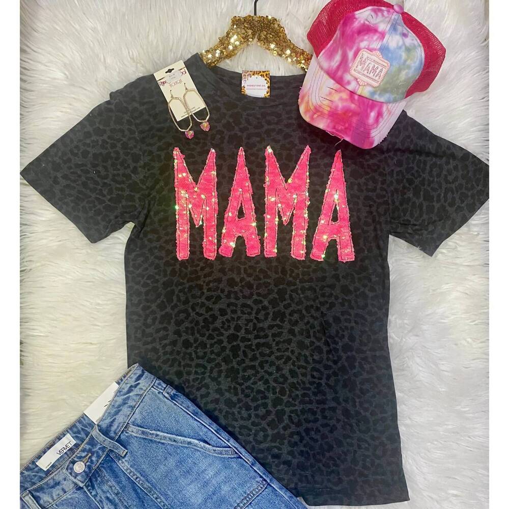 NEW SEW FANCY DESIGNS leopard "mama" sequin tee in black